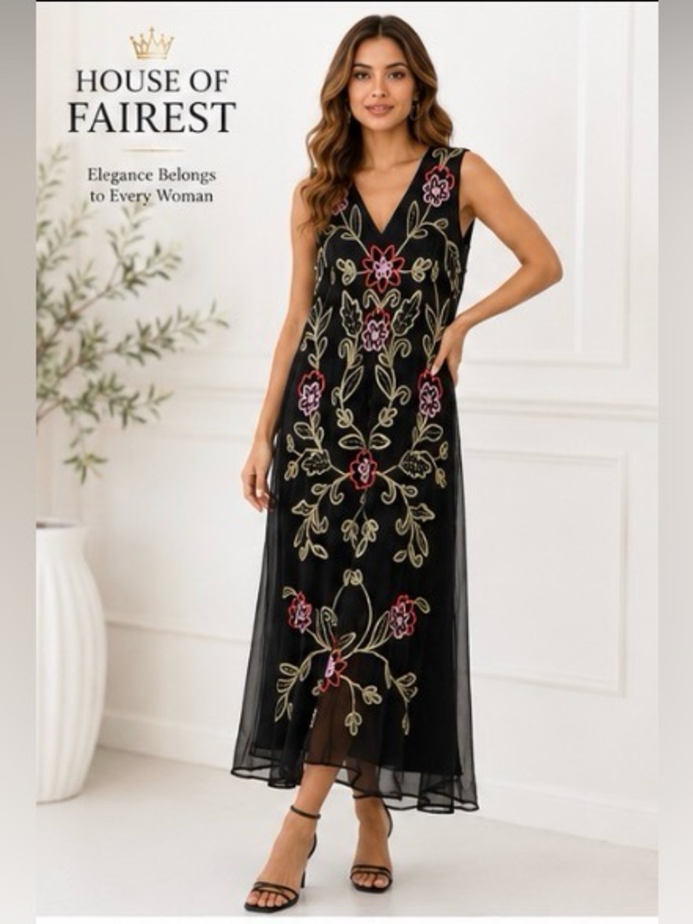 Marina Black Floral Embroidered Beaded Mesh Midi Dress M NWT Co